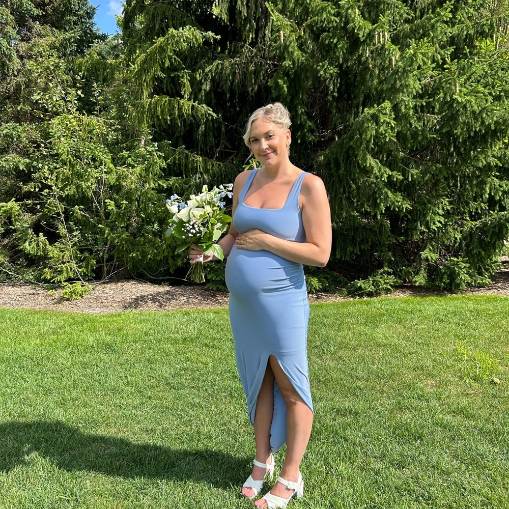 POWDER BLUE SQUARE NECK MATERNITY MAXI DRESS WITH SPLIT - CLUB LONDON